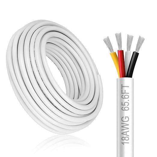18 Gauge 4 Conductor Electrical Wire, 65.6FT White Stranded Low Voltage 18/4 PVC Case, 18 AWG Tinned Copper 4 Wire Extension Power for Strips LED Lamp Lighting