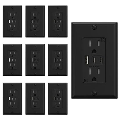 ELEGRP USB Outlets, 15 Amp Wall Outlet with 3 USB Ports, Dual USB C Ports Outlets, TR Tamper-Resistant USB Outlets Receptacles, Wall Plate Included, UL/CUL Listed, 10 Pack, Black
