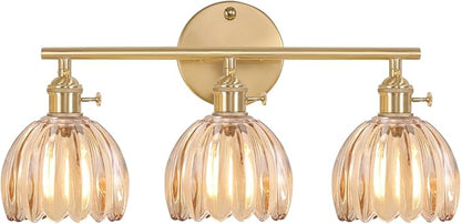 Shenmoyl Bathroom Light Fixtures, 3-Light Brass Vanity Wall Light Over Mirror with Amber Tulip Glass Shade for Bedroom Living Room (Bulb Not Included)