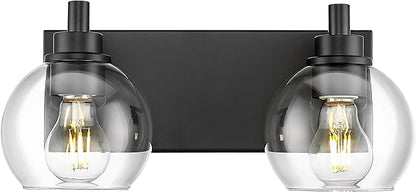 METWET Bathroom Light Fixtures, 2 Light Matte Black Vanity Light, Modern Wall Sconces with Clear Glass Globe Shade, Bathroom Wall Lights Over Mirror Kitchen Bedroom Hallway, VL195-MB-2