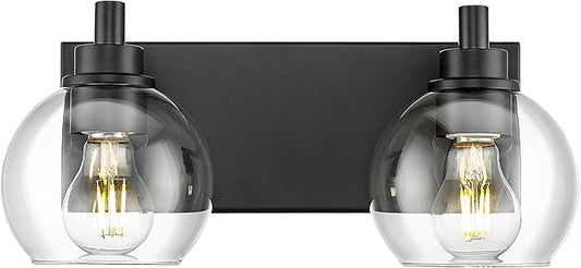 METWET Bathroom Light Fixtures, 2 Light Matte Black Vanity Light, Modern Wall Sconces with Clear Glass Globe Shade, Bathroom Wall Lights Over Mirror Kitchen Bedroom Hallway, VL195-MB-2