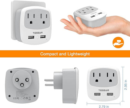 TESSAN Israel Power Adapter, Type H Travel Plug Adaptor with 2 USB Ports 2 American Outlets for US to Israel Jerusalem