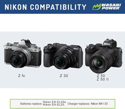 Wasabi Power Battery (2-Pack) and Charger Replacement for Nikon EN-EL25, EN-EL25a, 4241, MH-32 Compatible with Nikon Z30, Z50, Z50 II, Zfc