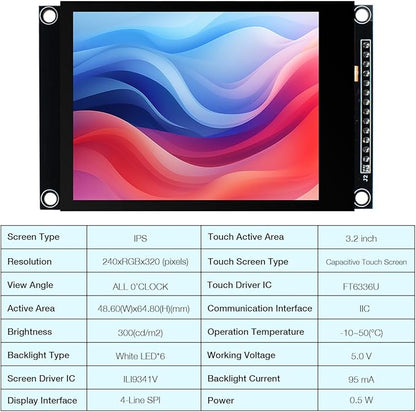 Hosyond 3.2 inch 240x320 IPS Capacitive Touch Screen LCD Module SPI Serial ILI9341V Driver for Arduino R3/Mega2560