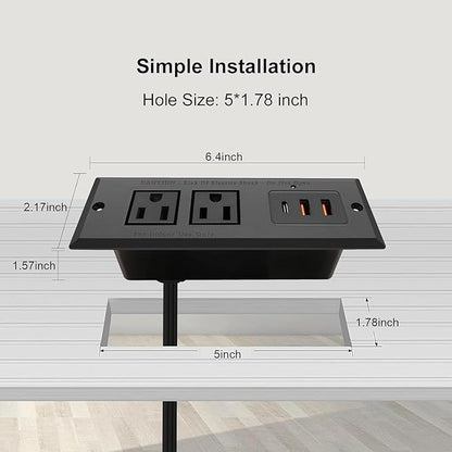 20W Recessed Power Strip USB C Fast Charge Desk Power Outlet Type C Flush Mounted Extension Power Plug for Conference Countertop Desktop Drawer Sofa ETL Listed 10ft Power Cord