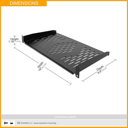 RIVECO 2PCS 1U Rack Shelves, 19” Cabinet Mount 1 U Tray Vented Cantilevers for Computer Case Shelf Mounting, 10 Inches 25CM Depth, Black