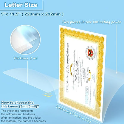 Laminating Pouches 9 x 11.5, 3 Mil Laminating Sheets 200 PCS Clear Thermal Laminate Sheets Holds 8.5 x 11 Inch Sheets, Universal Lamination Paper for Laminator, Photos, Files, Round Corner