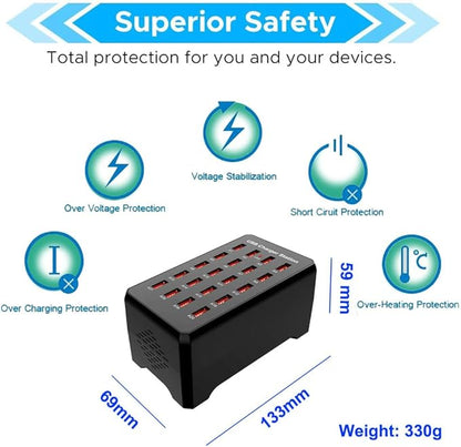 MaxLax 20-Port USB Charger Station, 100W/20A, Compatible with Smartphones, Tablets, and Other USB Devices