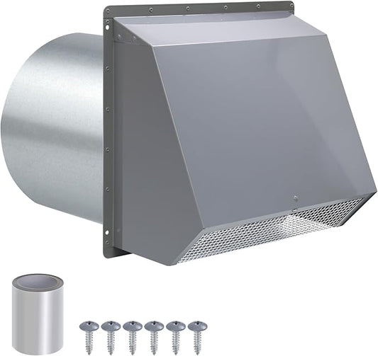 8 Inch Hooded Wall Vent with Screen and Damper, Wall Exhaust Vent Cover Cap for Exterior Ventilation and Outdoor Air Exhaust Kitchen Range Hood Dryer HVAC Duct, Galvanized Steel, Gray