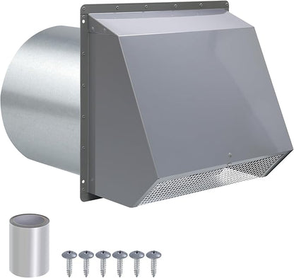 10 Inch Hooded Wall Vent Exhaust with Screen and Damper,Outdoor Wall Exhaust Vent Cover Cap for Kitchen Range Hood Outside Exterior Dryer Ventilation,Galvanized Steel,Gray