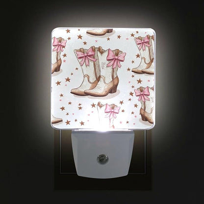 Pigsaly Led Night Light Cowgirl Boots Bows Night Light Plug in Wall Lamp Smart Dusk to Dawn Sensor Nightlight Led Lamp Energy Saving Lights Gift for Kids Room Bedroom Bathroom Hallway