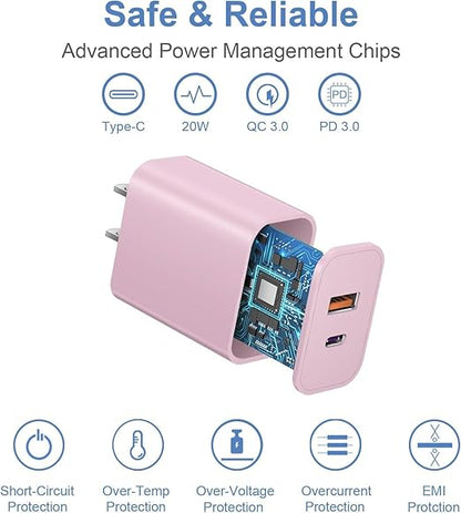 USB C Charger Block, iPhone 16/15 Charger Block [3 Pack] 20W Dual Port QC+PD 3.0 Power Adapter Multiport USB A Fast Charging Plug for Apple iPhone 16/16 Pro/16 Pro Max/16 Plus/15/14/13/12/11/iPad-Pink