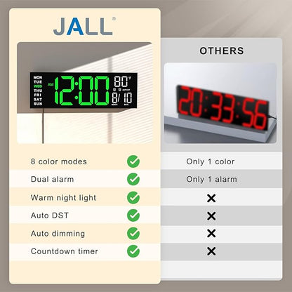 JALL 16" Large Digital Wall Mount Clock, Count Down Timer, Alarm, Big LED, RGB Color, DST, Temperature for Living Room Classroom Desk, Xmas, Birthday Gift for Senior Mom Dad (Green White, 16 inches)