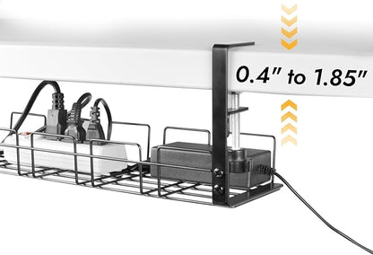 Under Desk Cable Management Tray No Drill 2pack Kit- 15.7'' Long 5.1'' Wide Tray, Steel Cord Organizers, 4 Cable Holder, 12 Roll Cable Organizer Straps, No Drill, No Damage to Desk(Black)