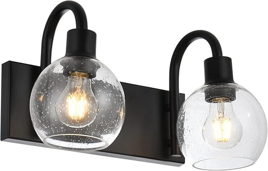 WINSHEN Bathroom Vanity Light with Globe Seeded Glass 2-Lights Industrial Black Wall Sconce Lighting for Foyer Hallway