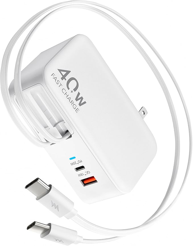 Retractable USB C Charger Wall Plug with Dual 35.5in/90cm Type C Cables Cords,40W Fast Charging Foldable Block Multi Charger for All Devices for iPhone 16/15/14/13/12/11,iPad,Galaxy,Pixel