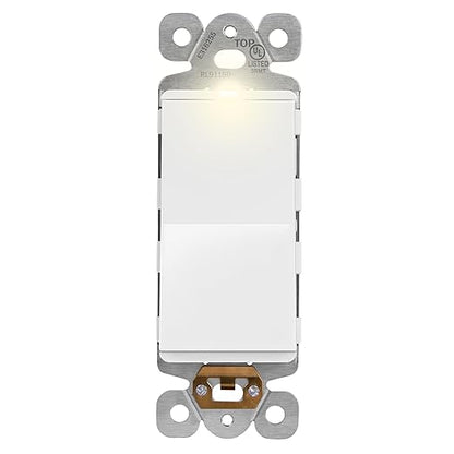LIDER Minimalist Design Matte Finish Lighted Decorator Switch, Single Pole Frameless Paddle Light Switch with Locator Light, Grounding Screw, 15A 125V, UL Listed, LS15-1P-W, White