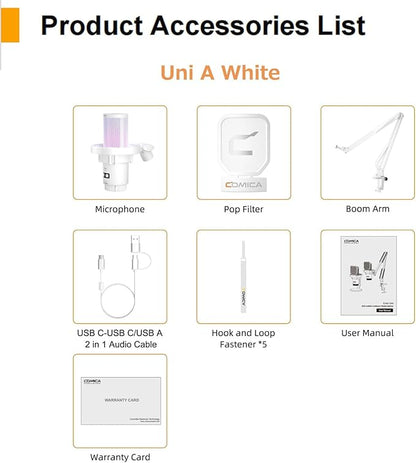 COMICA EJoy Uni A USB Microphone for Computer and Smartphone,RGB Cardioid Condenser Gaming Mic for Podcasting,Streaming,Recording,Music Creation,with Boom Arm Stand-White