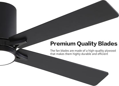 WINGBO 52" DC Flush Mount Ceiling Fan with Lights, 6-Speed Reversible DC Motor, 3CCT, Low Profile Hugger Ceiling Fan for Living Room Bedroom Kitchen, Black Finish and Black/Walnut Blades