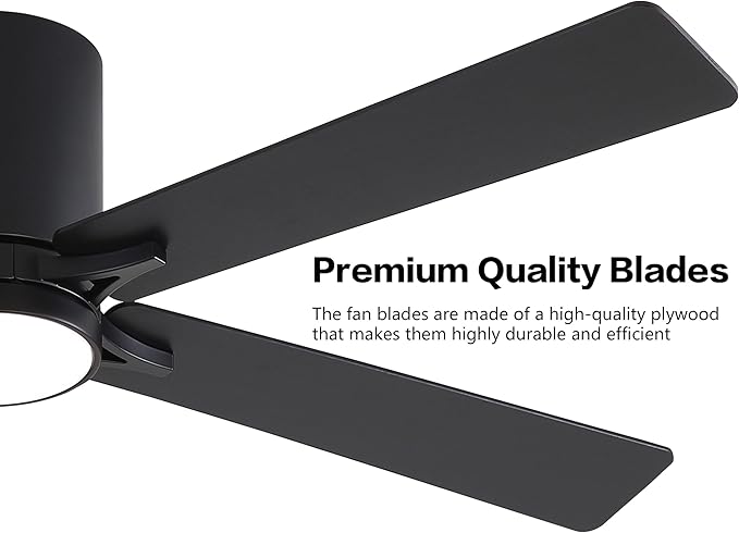 WINGBO 48" DC Flush Mount Ceiling Fan with Lights, 6-Speed Reversible DC Motor, 3CCT, Low Profile Hugger Ceiling Fan for Living Room Bedroom Kitchen, Black Finish and Black/Walnut Blades