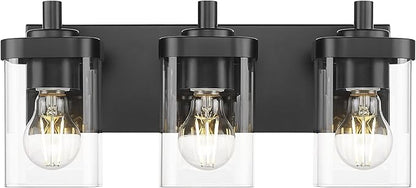 METWET Bathroom Light Fixtures Over Mirror, 3-Light Matte Black Vanity Light with Square Clear Glass Shade, Modern Wall Sconces, Vanity Lighting Fixtures, VL194-MB-3