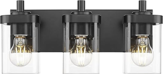 METWET Bathroom Light Fixtures Over Mirror, 3-Light Matte Black Vanity Light with Square Clear Glass Shade, Modern Wall Sconces, Vanity Lighting Fixtures, VL194-MB-3
