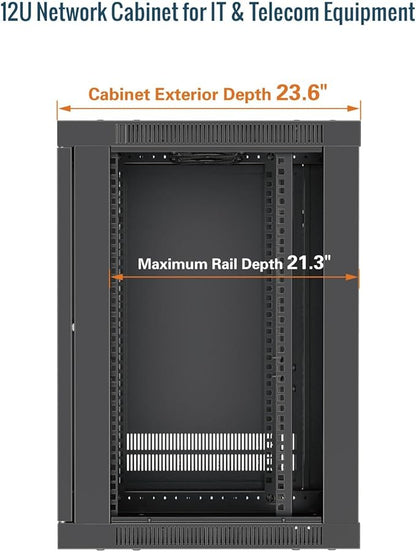 Tecmojo 12U Wall Mount Rack Cabinet, Heavy-Duty 176 Lbs High Load Capacity, 19” Enclosed Server Network Rack with Glass Door, 23.6” Deep – Elite Collection