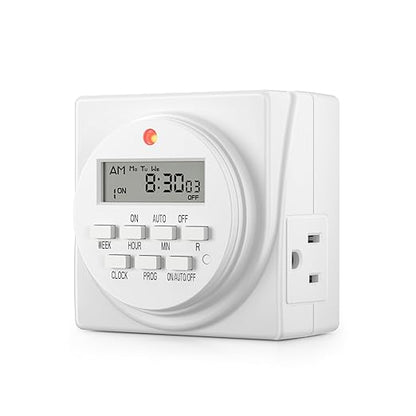 BN-LINK Indoor Digital Timer Outlet, Dual Outlet 7 Day Programmable Light Switch, 3 Prong Plug in Timers for Electrical Outlets, Lamps, Fans, 8 On/Off Programs, 1 Pack, 15A/1875W, ETL Listed