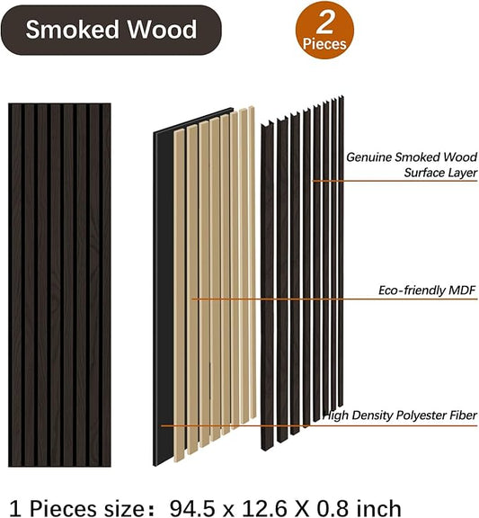 ARMURO Wood Panels for Wall, Wood Slat Wall Panel - 2 Pack, Black Wood Slats for Wall, Natural Smoked Wood Veneer Accent Wall Panels, Acoustic Slat Wood Wall Panels - 12.6" W x 94.5" L
