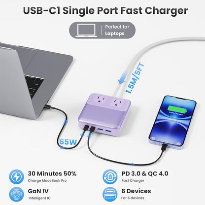USB C Charger Block,135W GaN Fast Charging Station Hub,6-in-1 USB C Power Strip with 5ft Cord,2 AC & 2 USB A & C,PD 65W Laptop Charger for MacBook Air/Pro,iPhone16 (Purple)