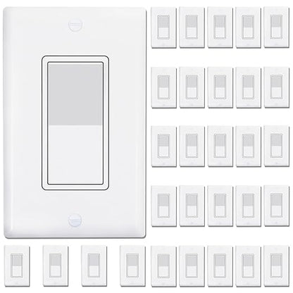 ThunderWay 3 Way Decorator Light Switch with Wall Plates, 15A 120/277V Decora Three Way Electrical Wall Paddle Rocker Switches Replacement, Residential Grade, UL Listed, Glossy White(30 Pack)