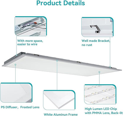 VocgoUU 2x4 LED Flat Panel Light for Drop Ceiling, 0-10V Dimmable, 40W/50W/60W Selectable, 4CCT 3000K/4000K/5000K/6000K, Up to 6600LM, ETL Listed, 100-277V, 6 Pack