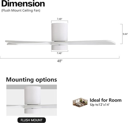 WINGBO 48 Inch Flush Mount DC Ceiling Fan with Lights and Remote, 5 Reversible Carved Wood Blades, 6-Speed Noiseless DC Motor, Hugger Ceiling Fan in White Finish, Low Profile Ceiling Fans, ETL Listed