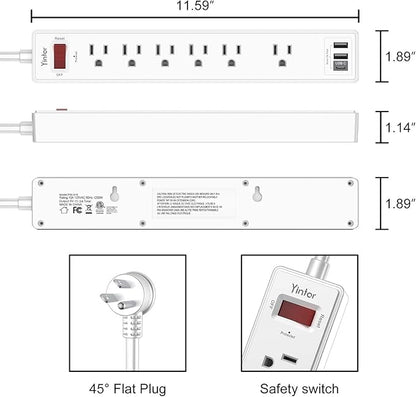 20Ft Power Strip Surge Protector - Yintar Extension Cord with 6 AC Outlets and 3 USB Ports for Home, Office, Dorm Essentials, 1680 Joules, ETL Listed, White