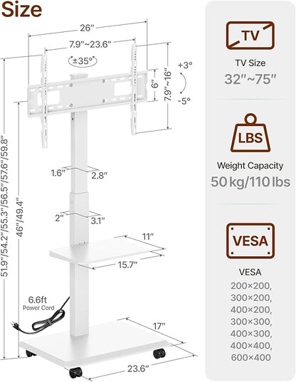 ECOTINY Steel Base Rolling TV stand with Power Outlet for 32-75 inch TVs up to 110 lbs, Leveling & Tilt & Swivel Mobile TV Stand with Hidden Wire Management, Height Adjustable Portable TV Stand, White