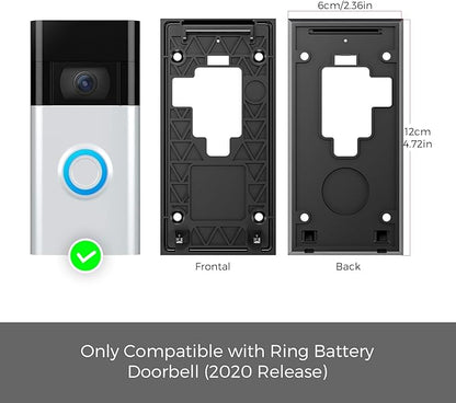 No Drill Ring Doorbell Mount for Battery 2020 - Damage-Free 3M Tape Holder, Rental Friendly No Screws Wall Plate Bracket for Apartment (Ring doorbell 2020 Mount)