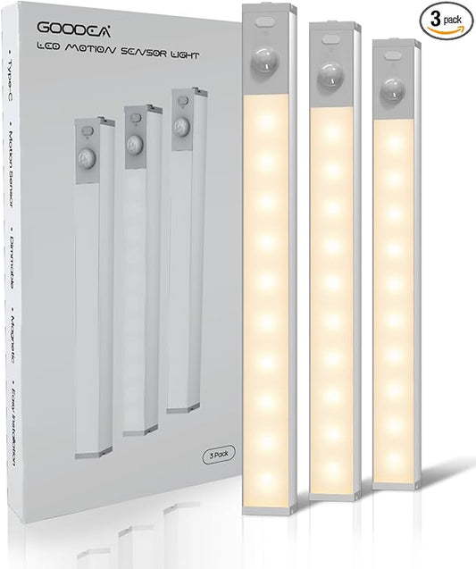GOODEA Led Under Cabinet Lights Wireless, 7’’ Rechargeable Motion Sensor Light Indoor, Dimmable Closet Lights for Cabinets, Bookshelf, Stair, Hallway Warm White 3 pcs