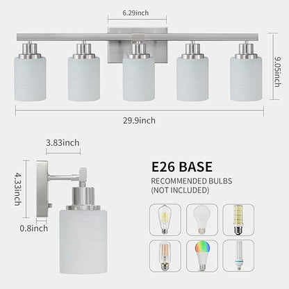 DIKAIDA 5-Light Bathroom Light Fixtures, 30" Nickel Bathroom Vanity Light with Milky White Glass Shade, Modern Bathroom Wall Lights Over Mirror, Farmhouse Wall Sconces Lighting for Bedroom Living Room