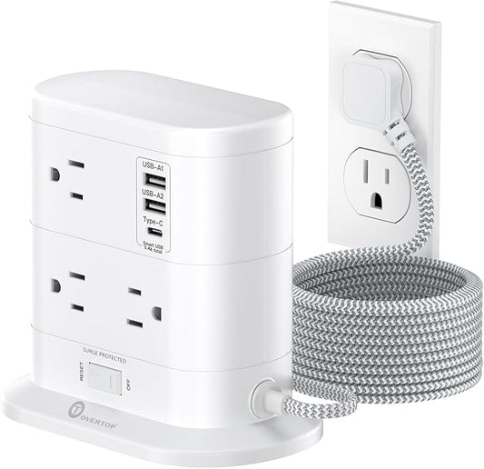 Overtop Tower Power Strip with Surge Protection, Nightlight Flat Plug Power Strip with 7 AC Outlets 3 USB Ports, 1625W/13A 1600J, 6.5Ft Extension Cord with Multiple Outlets, Office Supplies, Dorm