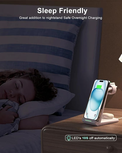 Wireless Charging Station for iPhone - ADADPU 3 in 1 Charger Stand for iPhone 16 15 14 13 12 11 Pro Max XR XS 8 Plus, Wireless Charging Dock for Apple Watch 8/7/SE/6/5/4/3/2, AirPods Pro/3/2 (Purple)