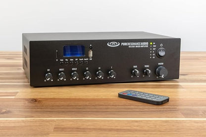 Pure Resonance Audio MA120BT 120W 7-Channel Bluetooth Mixer Amplifier with USB, TF, and Remote Control - XLR, 1/4 TS, RCA Inputs, 70V/100V/4-16 Ohm Output for Commercial Audio Systems