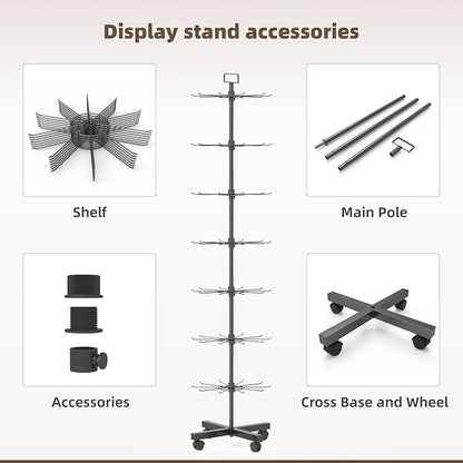 YEOOE Retail Display Racks 7 Tier Spinning Display Stand, Movable Shop Spinner Rack with Hooks, Retail Display Stand for Jewelry Keyring Hats Socks Toys (Black)