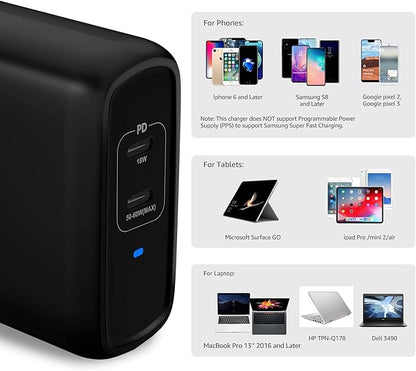Amazon Basics 68W Two-Port GaN Wall Charger with 2 USB-C Ports (60W, 18W) with PD for Laptops, Tablets & Phones (iPhone 16/15/14/13/12/11/X, iPad, MacPro, Samsung, and More), Non-PPS, Black