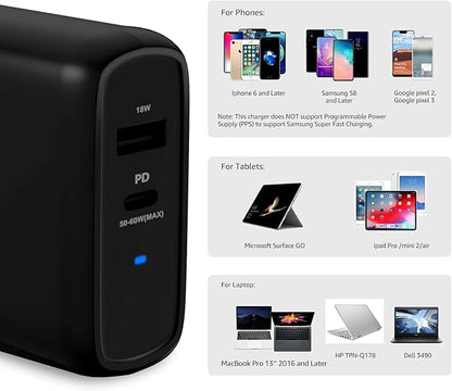 Amazon Basics 68W Two-Port GaN Wall Charger with 1 USB-C (60W) & 1 USB-A Ports (18W) with PD for Laptops, Tablets & Phones (iPhone 16/15/14/13/12/11/X, iPad, MacPro, Samsung, and more), Non-PPS, Black