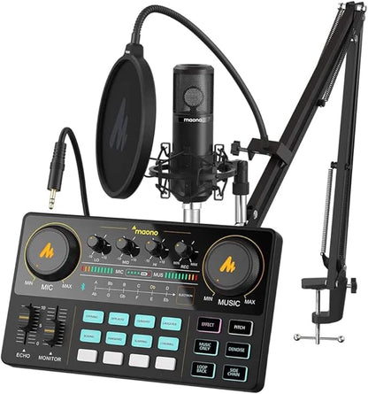 MAONO Podcast Equipment Bundle Audio mixer All-in-One Podcast Production Studio with 3.5mm Microphone for Live Streaming, Podcast Recording, PC, Smartphone, DJ MaonoCaster Lite (AU-AM200-S6 Black)