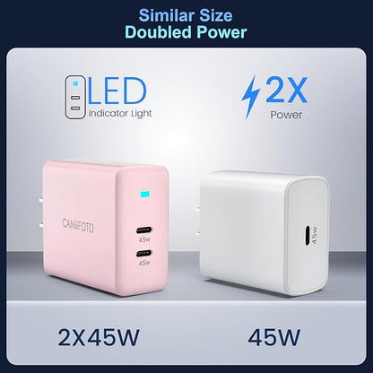 2Port 45W Super Fast Charger Type C, 2Pack 45W USB-C Charger Fast Charging for Samsung Galaxy S24 Ultra/S24+/S24/S23 Ultra/S23+/S22/S20/Note10+ with 2X 6.6ft Type C Cord (Pink)