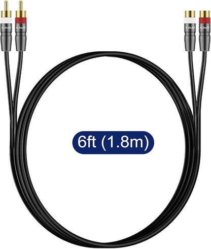 J&D 2 RCA Extension Cable Male to Female, Copper Shell Gold-Plated 2RCA Male to 2RCA Female Cable Stereo Audio Extender Cord Adapter, 6 Feet