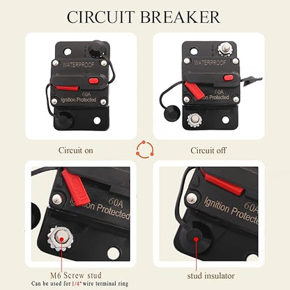 60 Amp Circuit Breaker with 6 AWG 1/4" Ring Terminal for Boat Trolling Motor Marine ATV Trailer Vehicles Stereo Audio Electronic Battery Solar System Inline Fuse Waterproof Manual Reset 12V-48V DC
