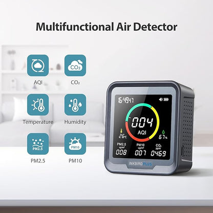 INKBIRDPLUS NDIR Co2 Monitor, Indoor Air Quality Monitor Battery Powered, Detector for Co2, Pm2.5, Pm10, Aqi, Temperature & Humidity,6-in-1 Carbon Dioxide Detector Meter for Home, Grow Tent Etc.