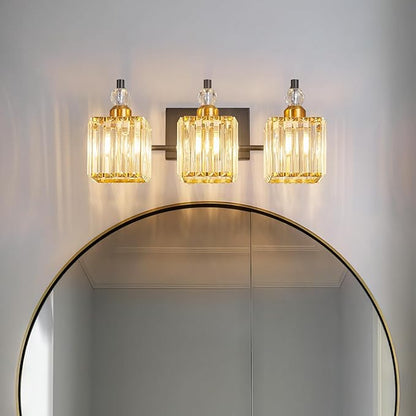BBLLWJ Bathroom Vanity Lights 3-Light Bathroom Light Gold Brushed Brass Finish Crystal Vanity Light Fixtures Modern Black and Gold Bathroom Light Fixtures Over Mirror
